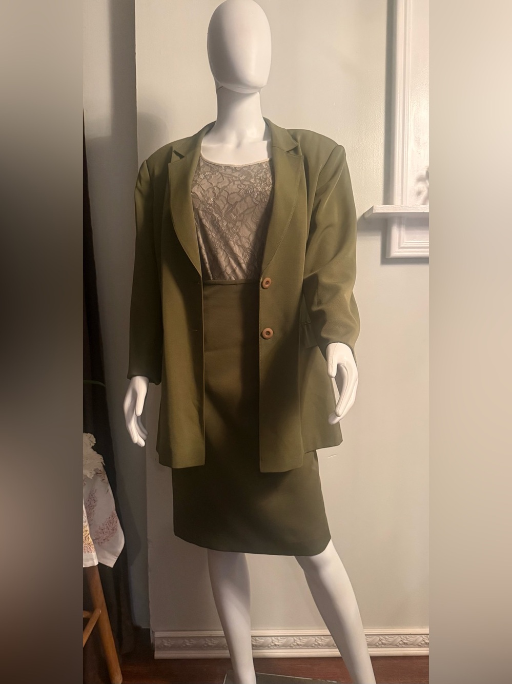 Olive Green Relaxed Fit Blazer Jacket Skirt Trousers 3 Piece Set